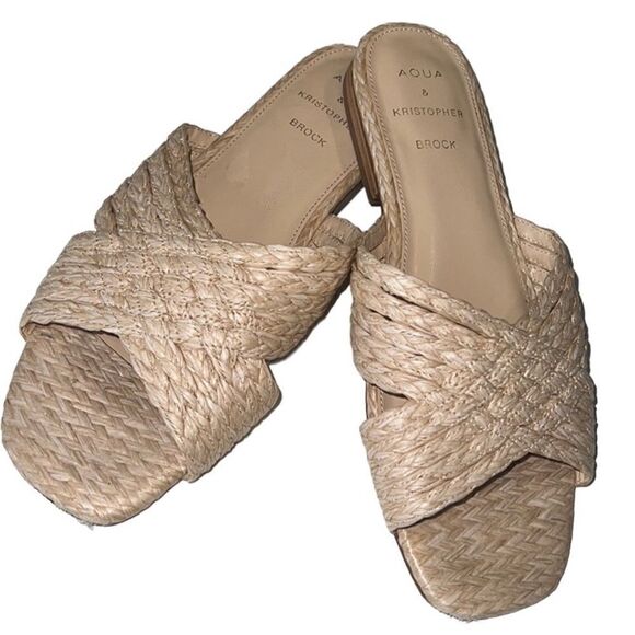 Aqua & Kristopher Brock Kriz Square Toe Ivory Raffia Slip On Sandals Size 9.5 - Picture 1 of 12